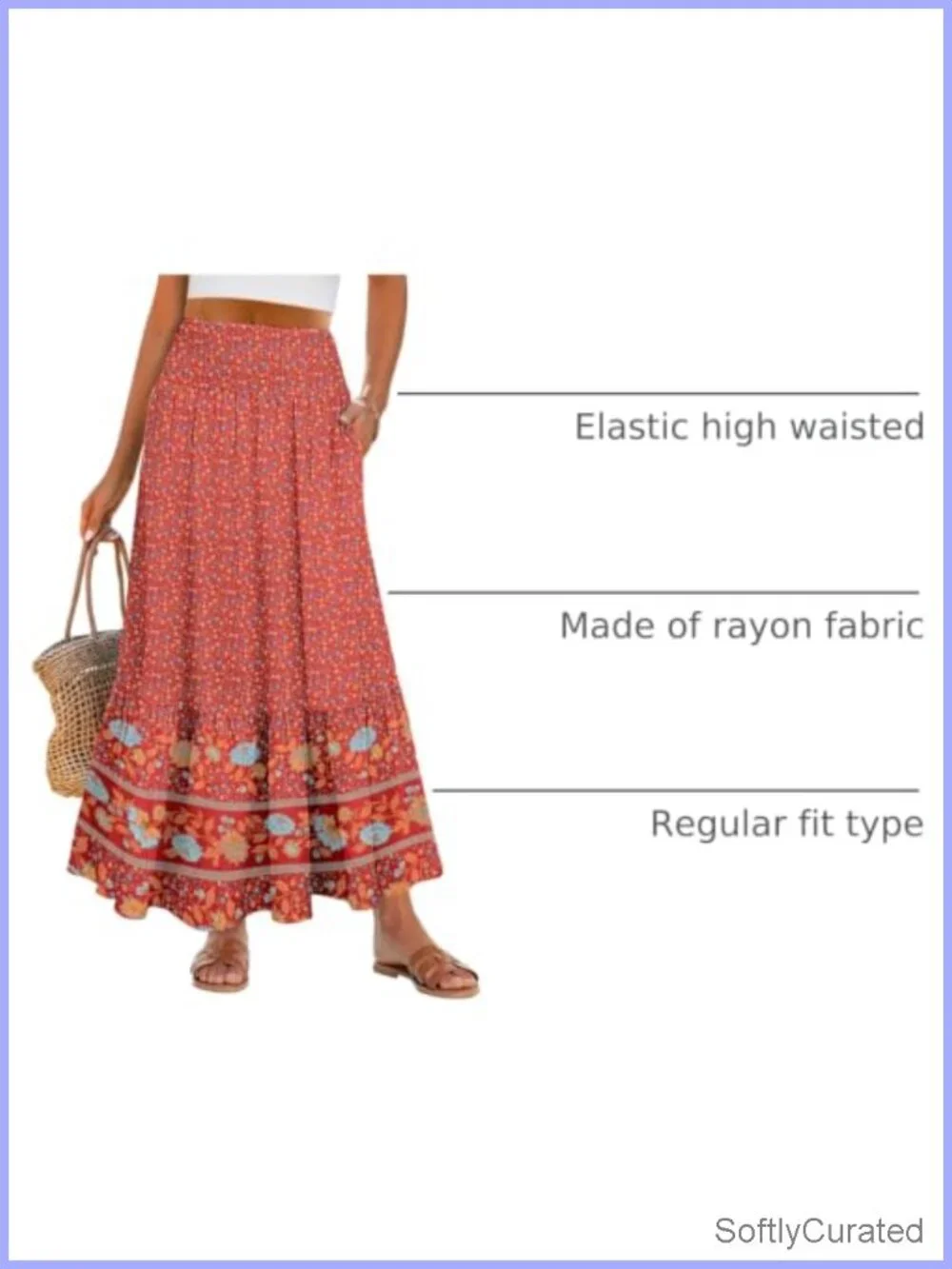 Boho Floral Maxi Skirt High Waisted Tiered Flowy Rayon with Pockets for Beach
